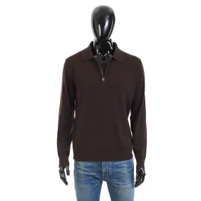 Polo Sweater With Metal Zip In Brown Wool