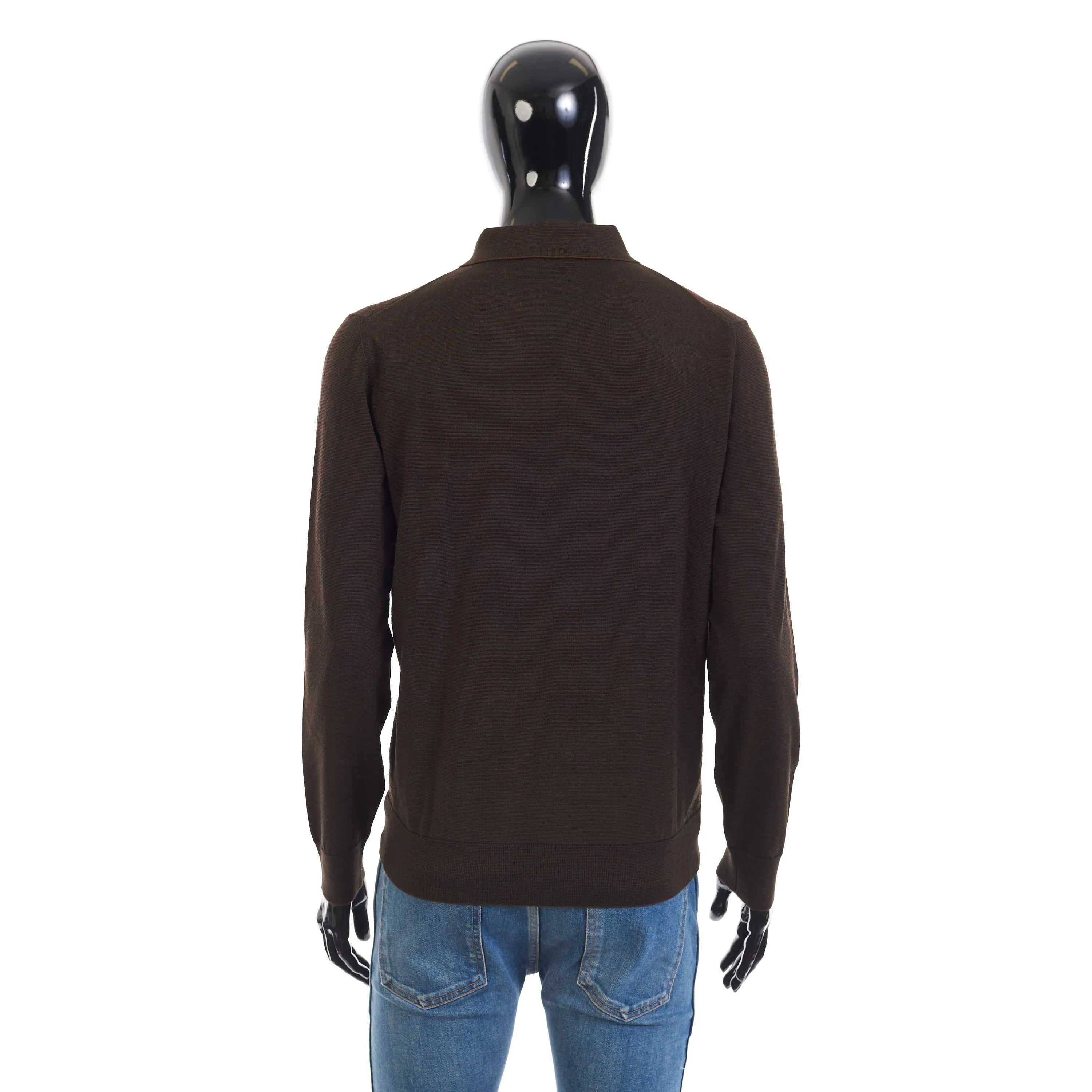 Polo Sweater With Metal Zip In Brown Wool