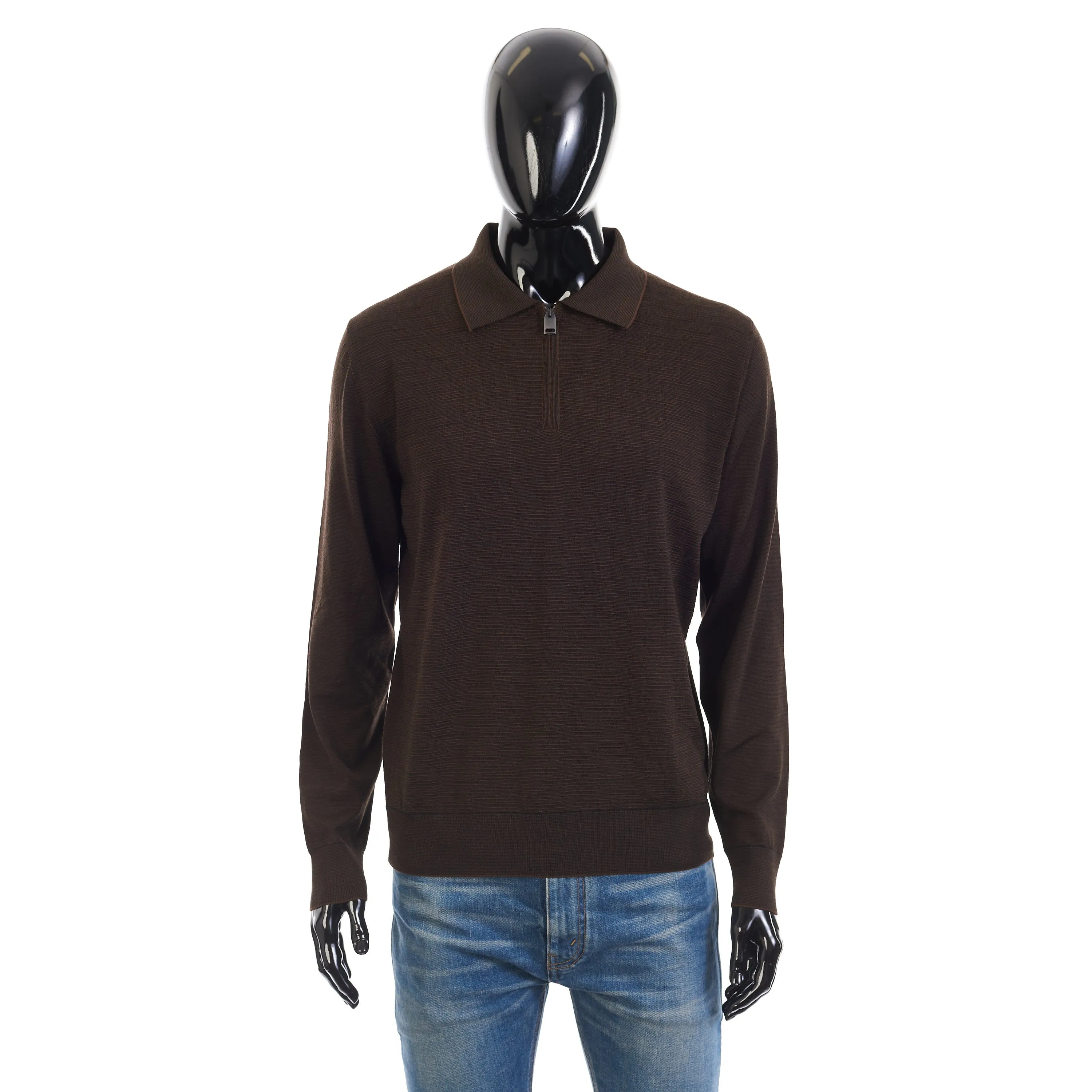 Polo Sweater With Metal Zip In Brown Wool