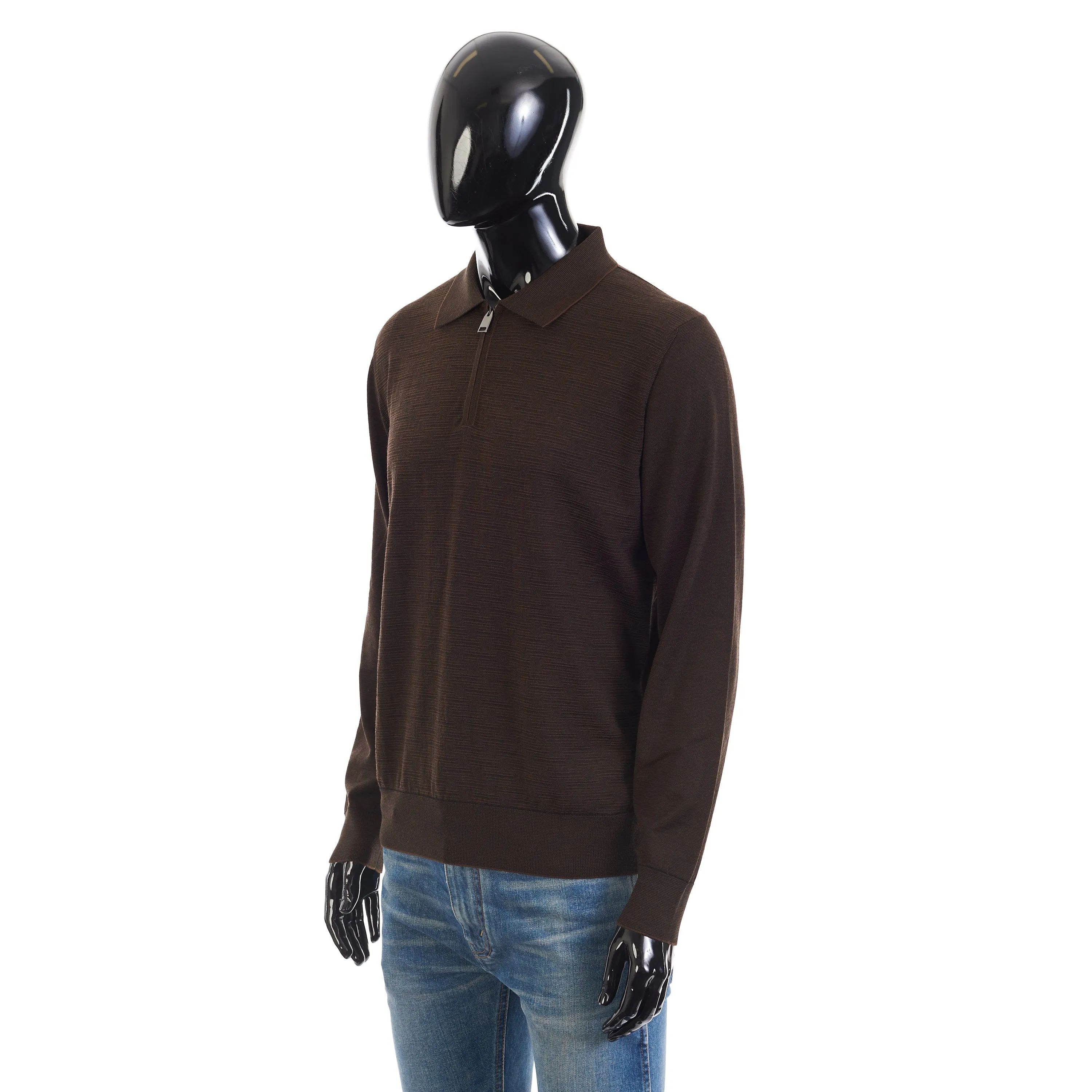 Polo Sweater With Metal Zip In Brown Wool