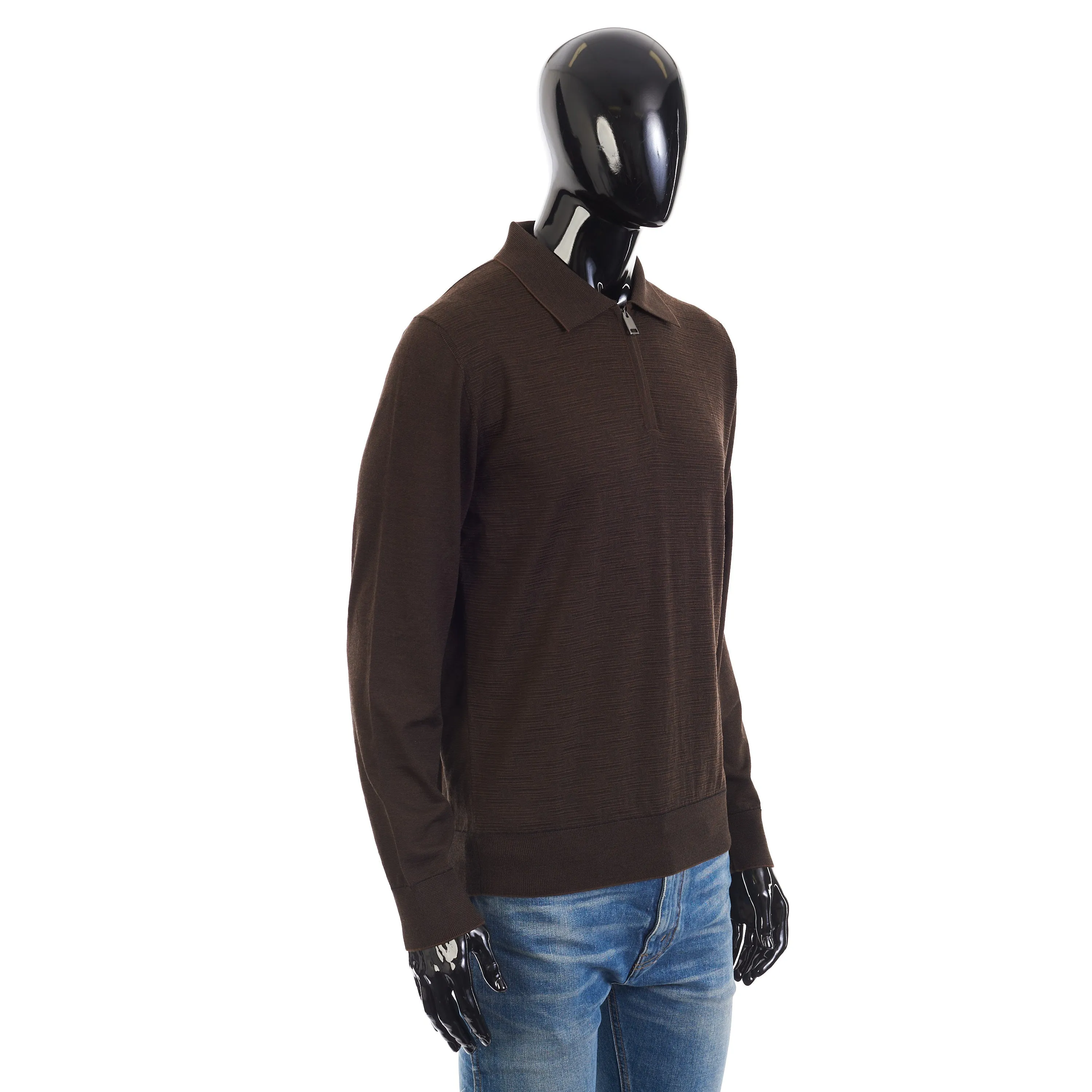 Polo Sweater With Metal Zip In Brown Wool