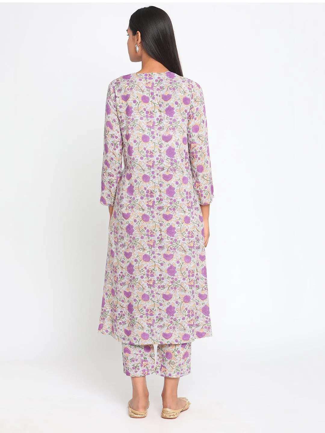 Purple Hand Block Printed Flared Silk Kurta Pant Set