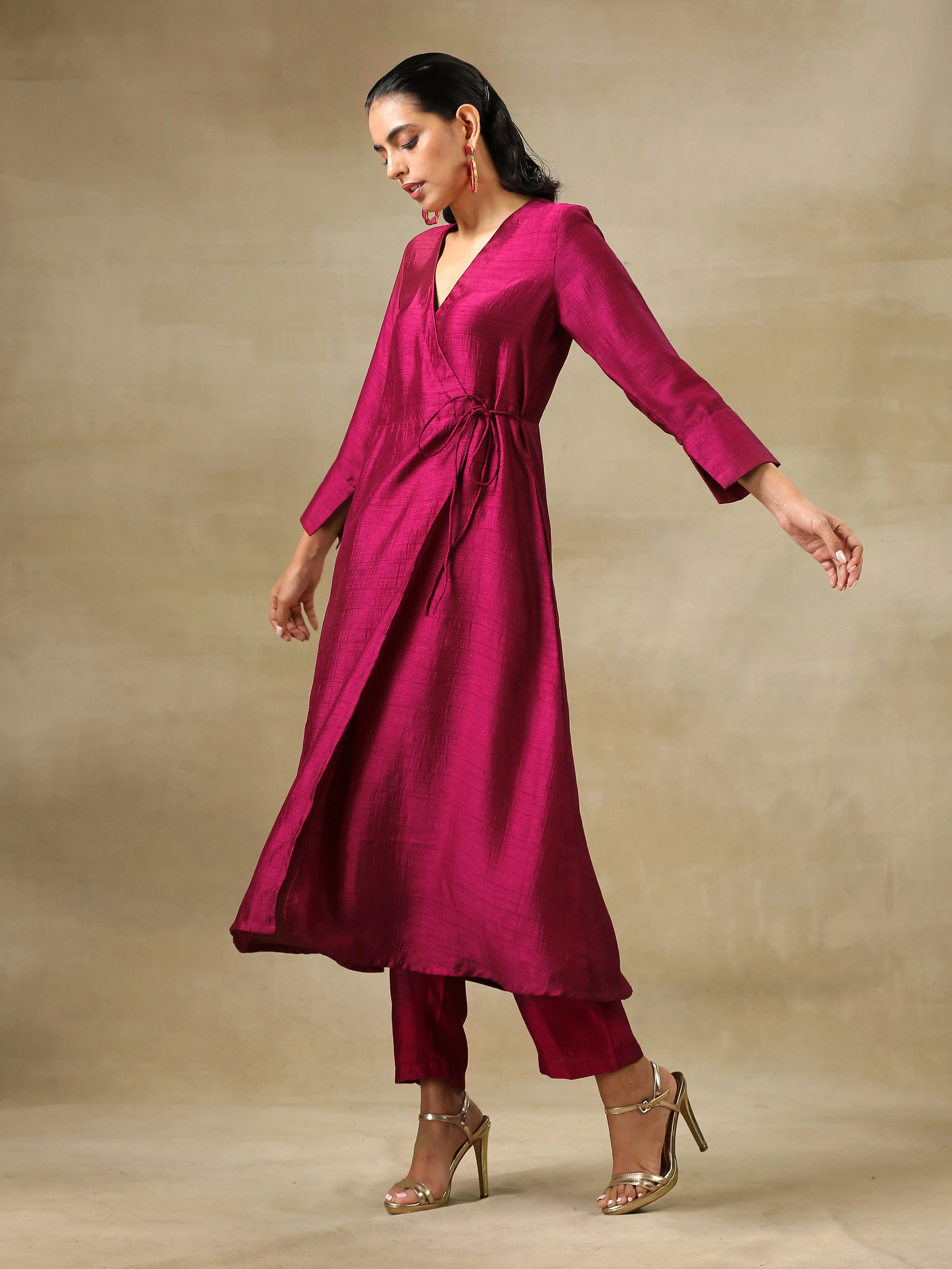 Purple Textured Silk Angrakha Kurta Pant Set