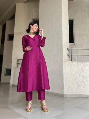 Purple Textured Silk Angrakha Kurta Pant Set