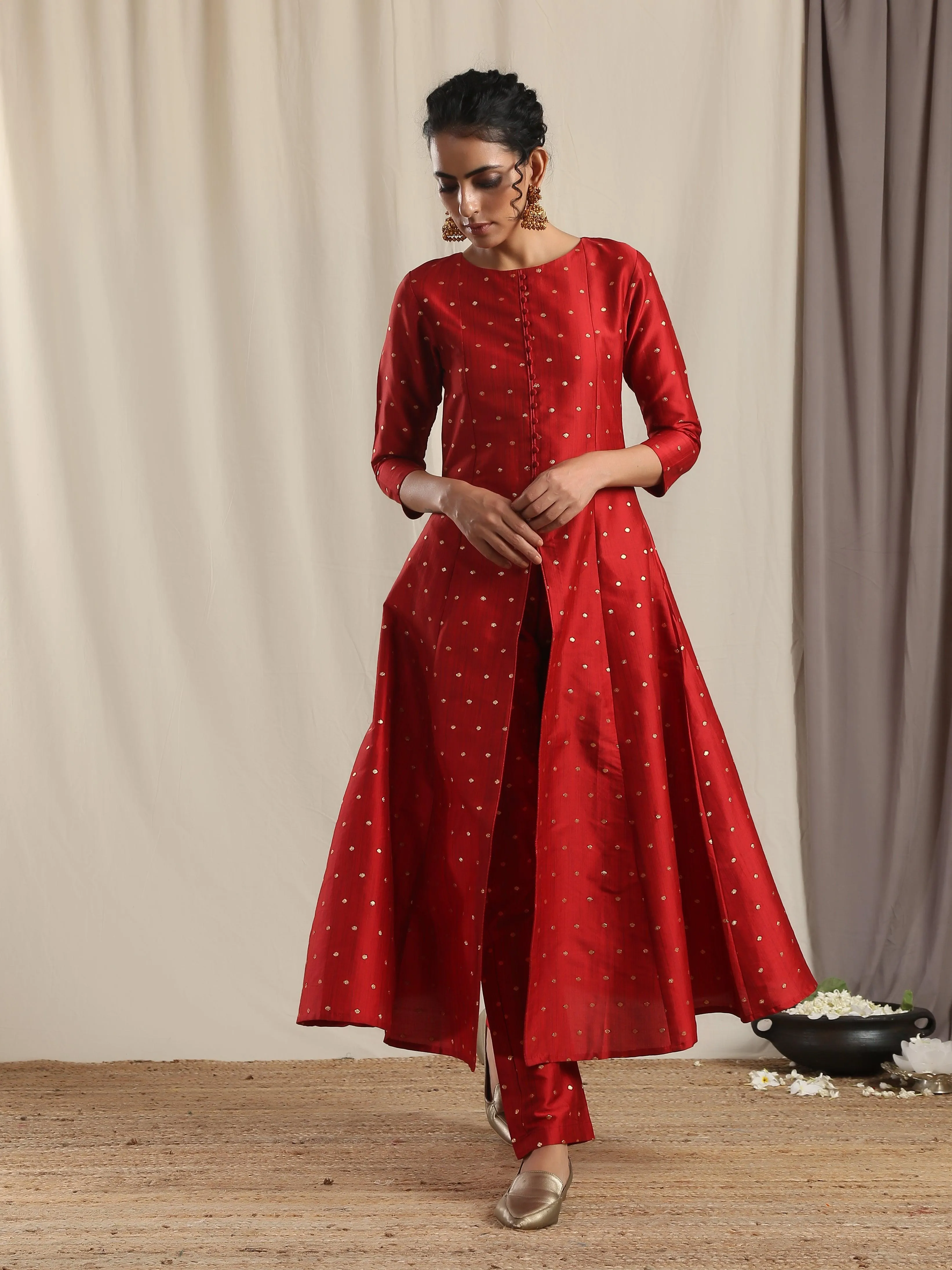 Red Silk Slit Kurta Pant Set