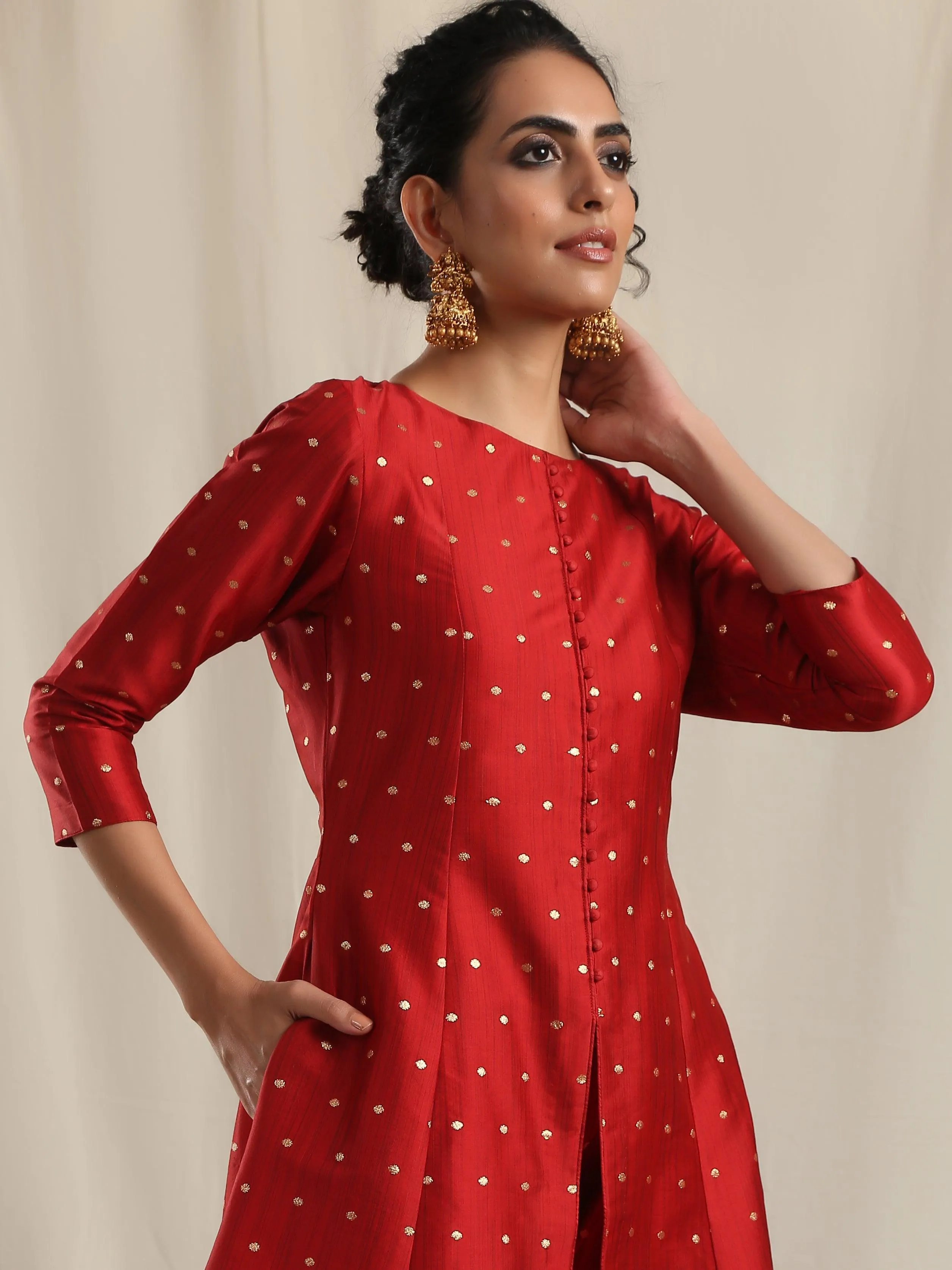 Red Silk Slit Kurta Pant Set