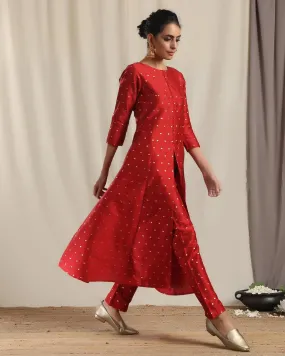 Red Silk Slit Kurta Pant Set