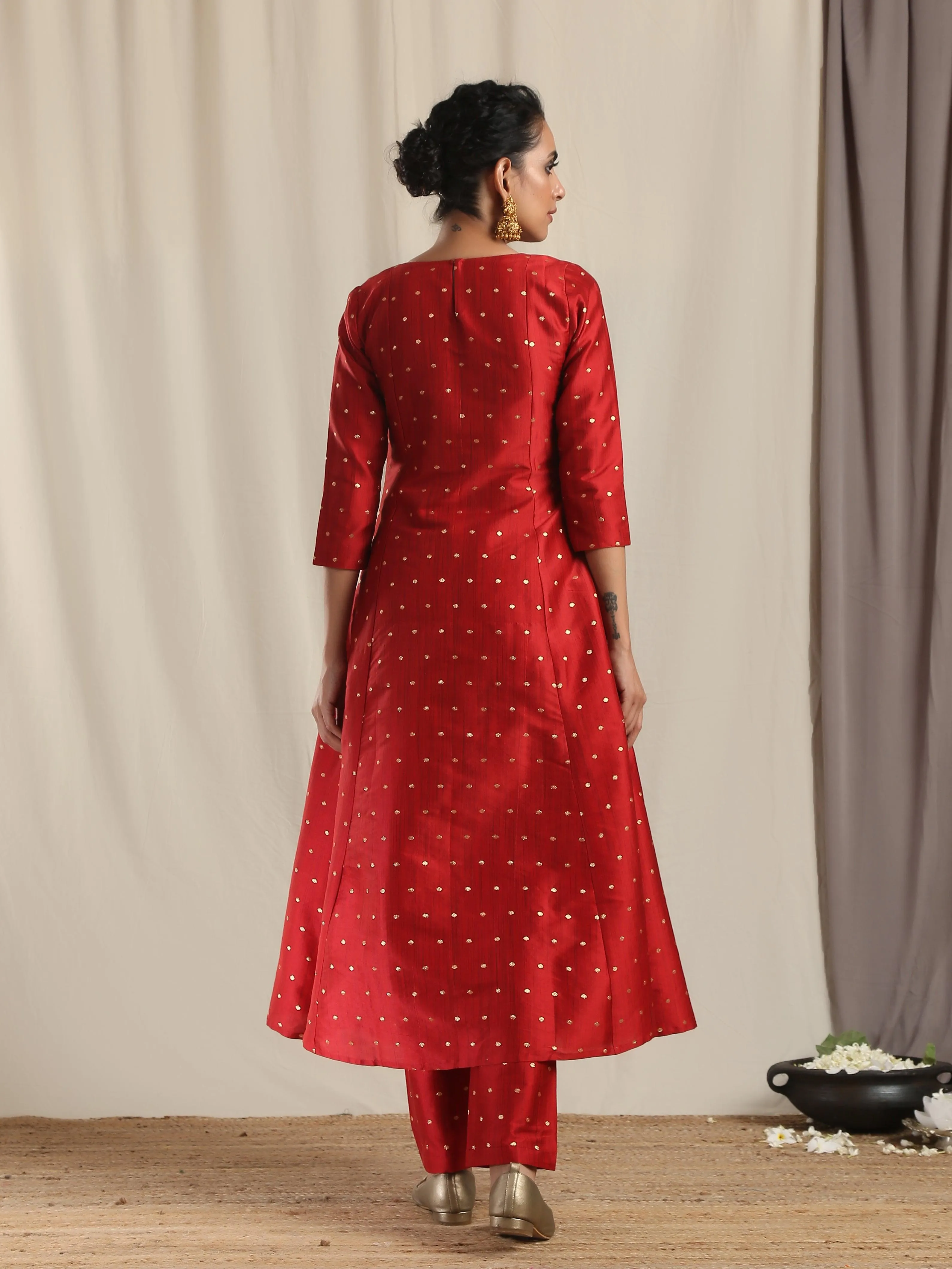 Red Silk Slit Kurta Pant Set