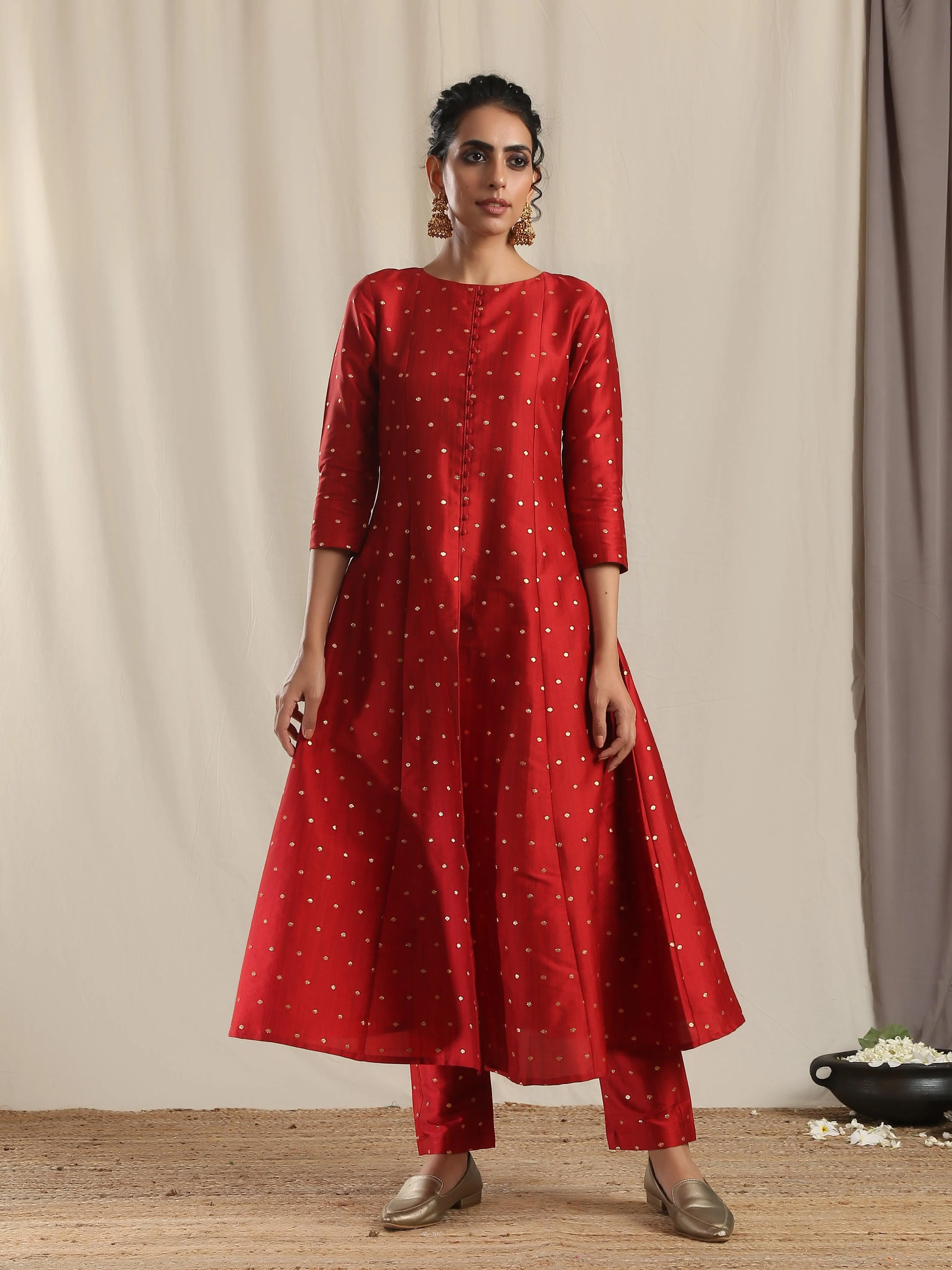 Red Silk Slit Kurta Pant Set