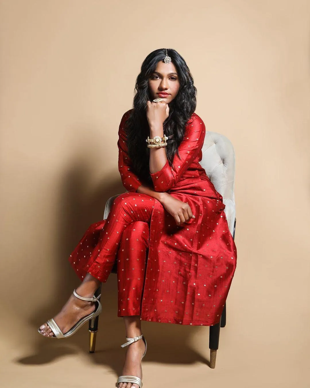 Red Silk Slit Kurta Pant Set