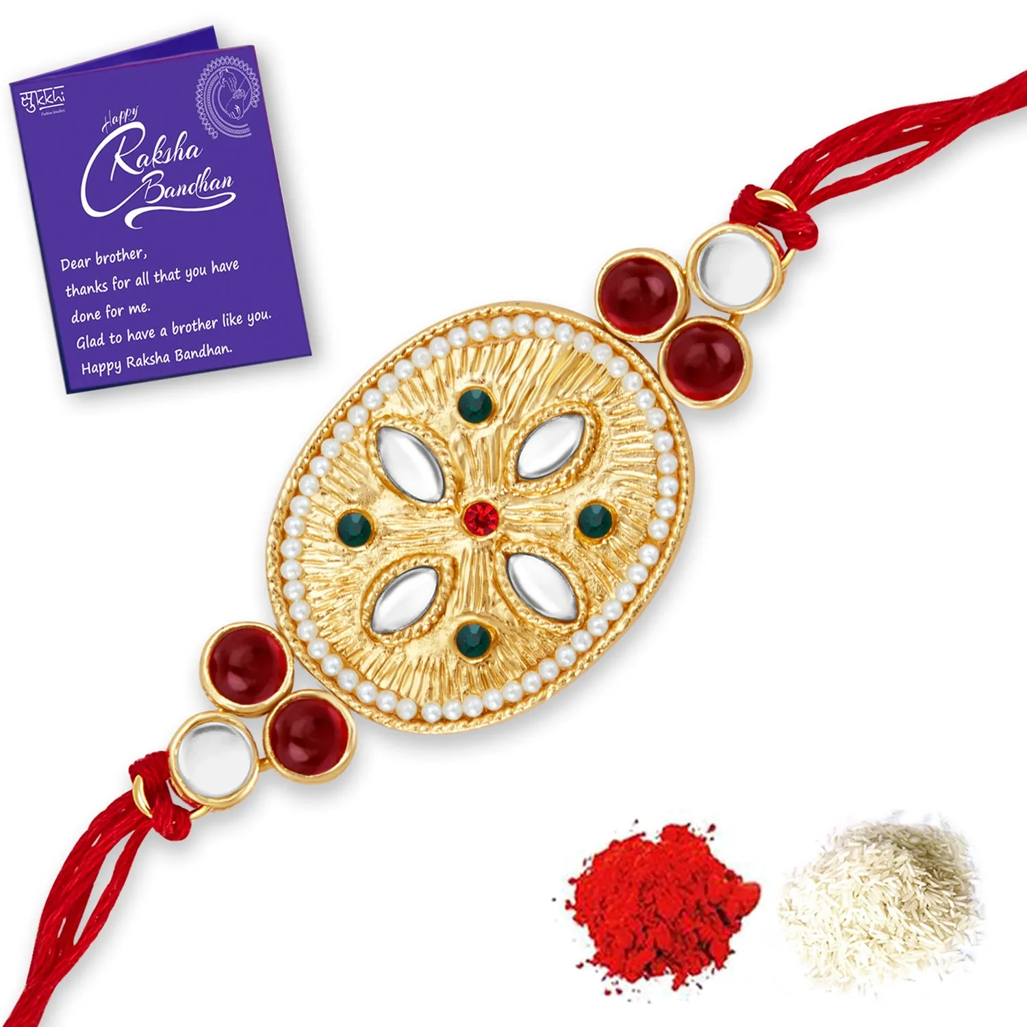 Sukkhi Adorable Gold Plated Rakhi with Roli Chawal and Raksha Bandhan Greeting Card for Men