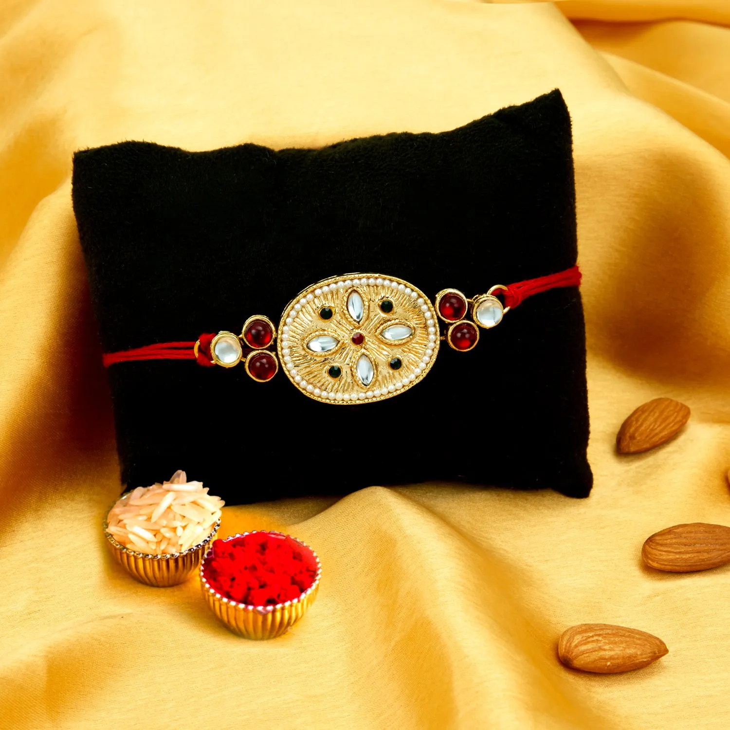 Sukkhi Adorable Gold Plated Rakhi with Roli Chawal and Raksha Bandhan Greeting Card for Men