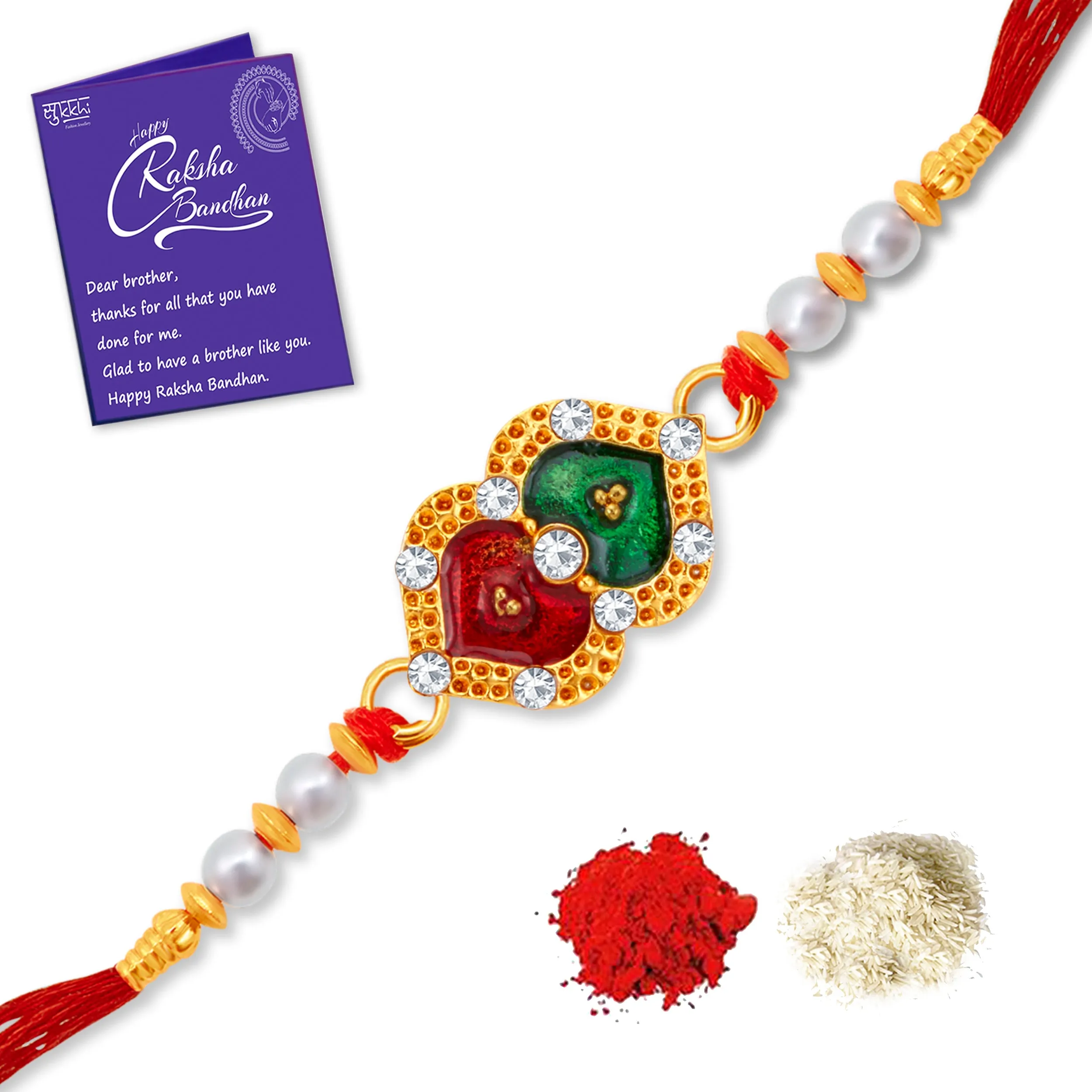 Sukkhi Amazing Gold Plated Meenakari Rakhi with Roli Chawal and Raksha Bandhan Greeting Card For Men