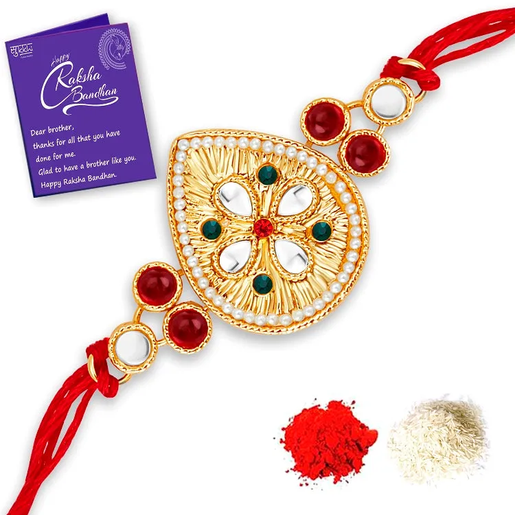 Sukkhi Amazing Gold Plated Rakhi Combo (Set of 3) with Roli Chawal and Raksha Bandhan Greeting Card For Men