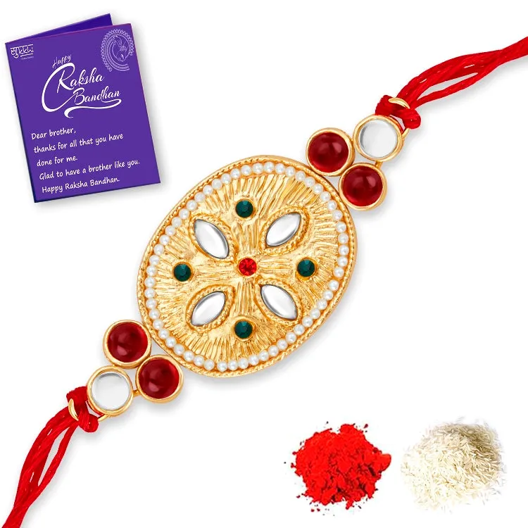 Sukkhi Amazing Gold Plated Rakhi Combo (Set of 3) with Roli Chawal and Raksha Bandhan Greeting Card For Men