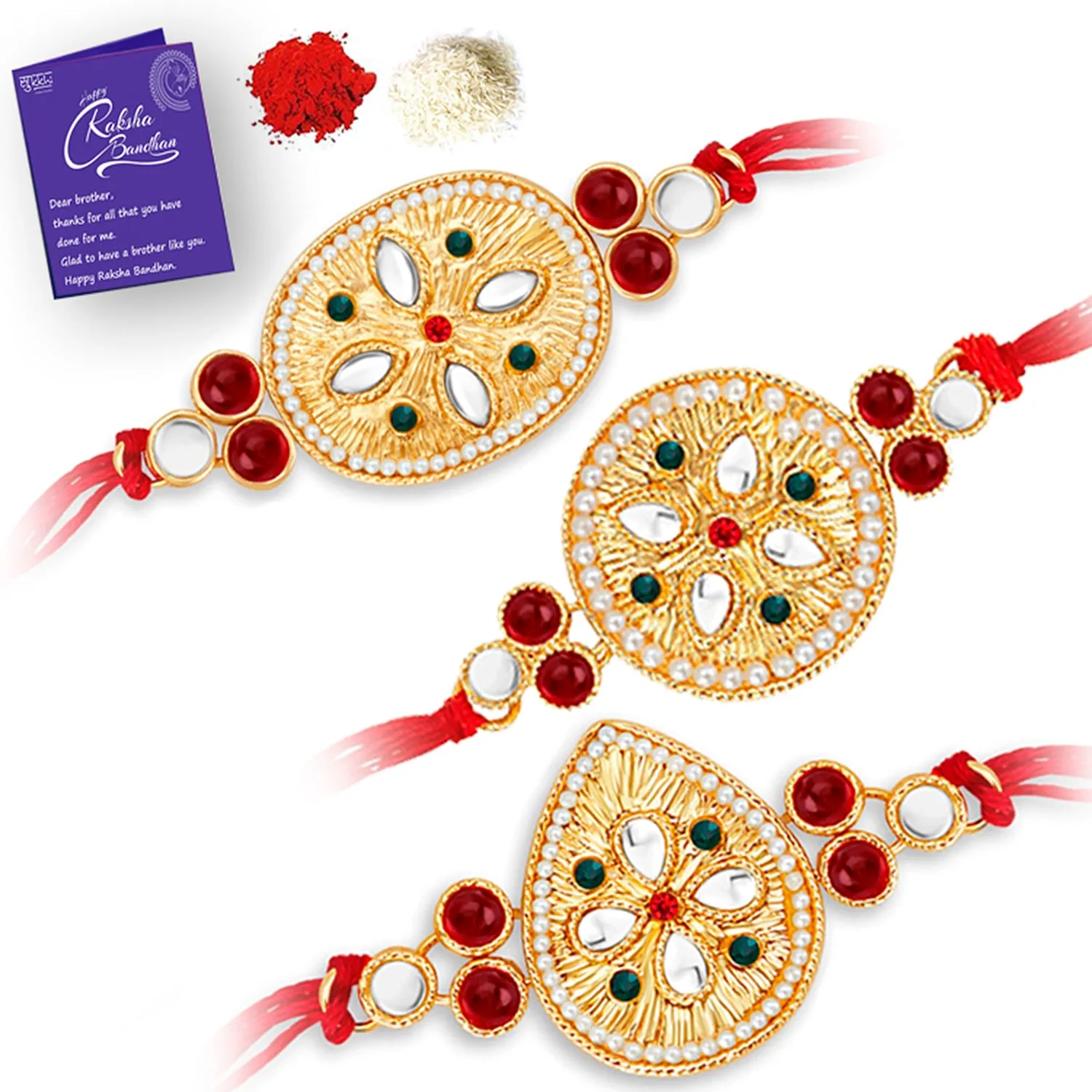 Sukkhi Amazing Gold Plated Rakhi Combo (Set of 3) with Roli Chawal and Raksha Bandhan Greeting Card For Men