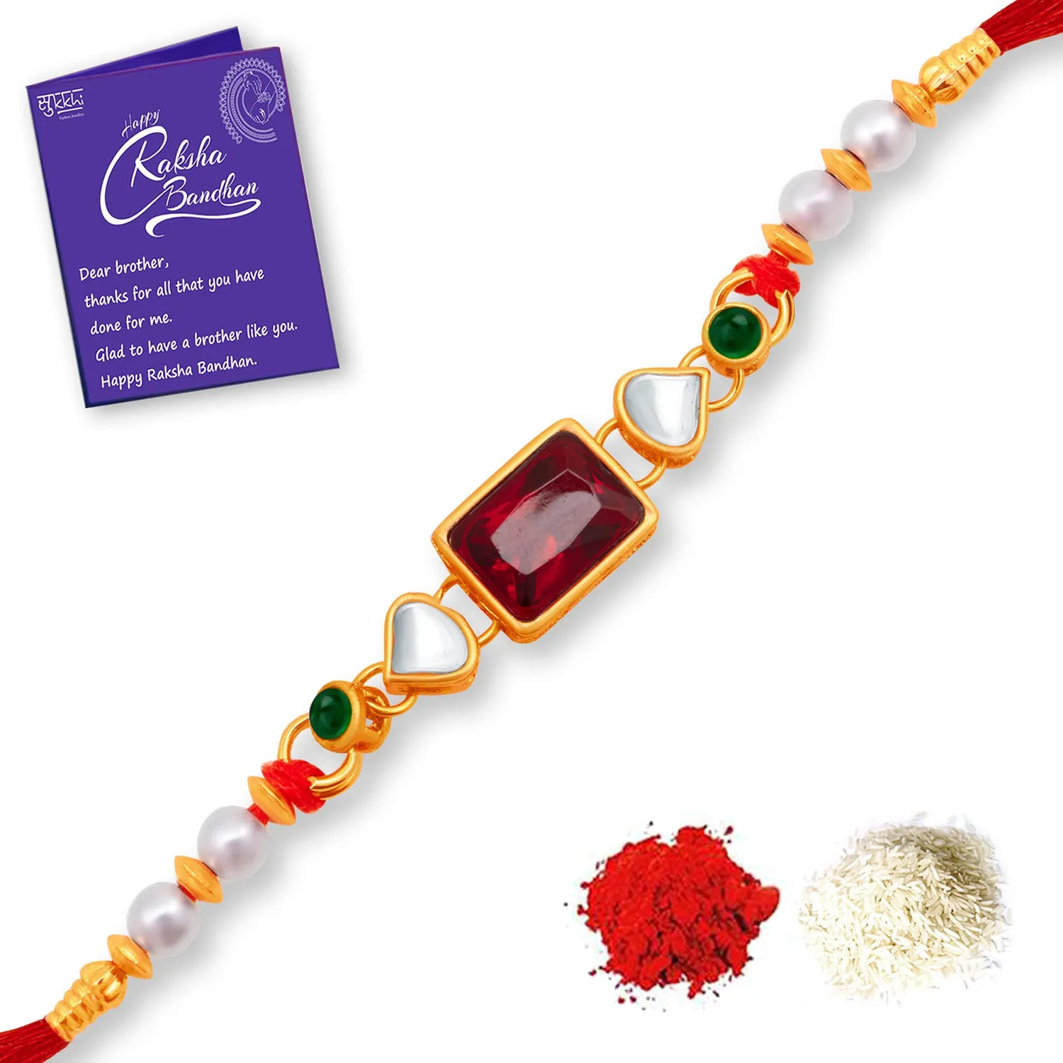 Sukkhi Amazing Gold Plated Rakhi with Roli Chawal and Raksha Bandhan Greeting Card for Men