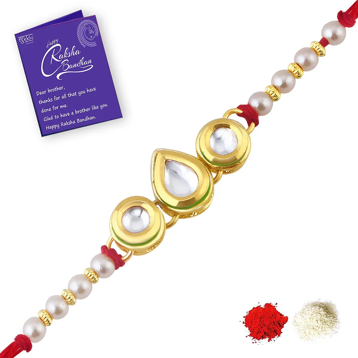 Sukkhi Astonish Gold Plated Kundan Rakhi for Brother with Roli Chawal and Raksha Bandhan Greeting Card For Men