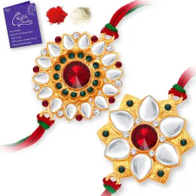 Sukkhi Attractive Gold Plated Floral Rakhi Combo (Set of 2) with Roli Chawal and Raksha Bandhan Greeting Card For Men