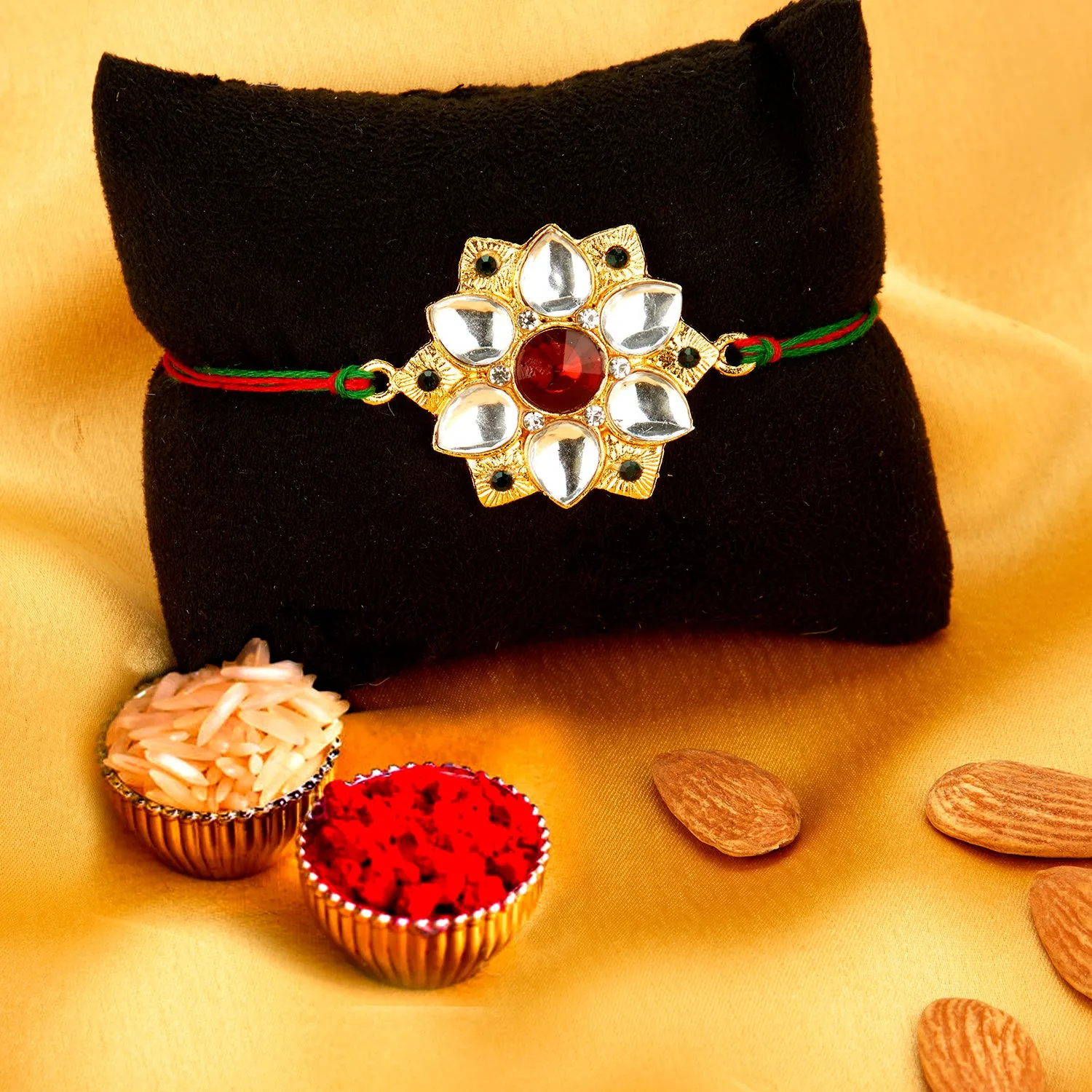 Sukkhi Attractive Gold Plated Floral Rakhi Combo (Set of 2) with Roli Chawal and Raksha Bandhan Greeting Card For Men