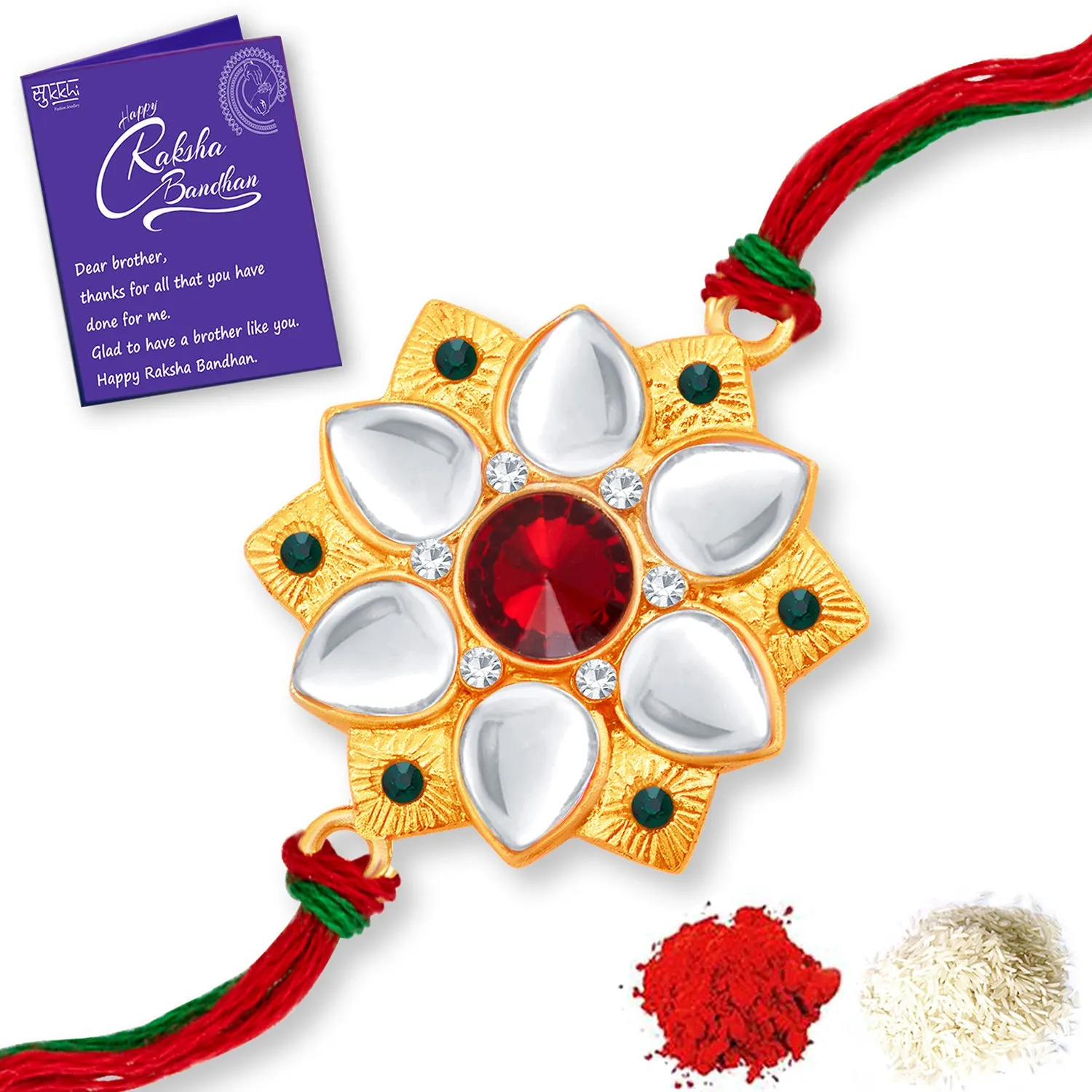 Sukkhi Attractive Gold Plated Floral Rakhi Combo (Set of 2) with Roli Chawal and Raksha Bandhan Greeting Card For Men