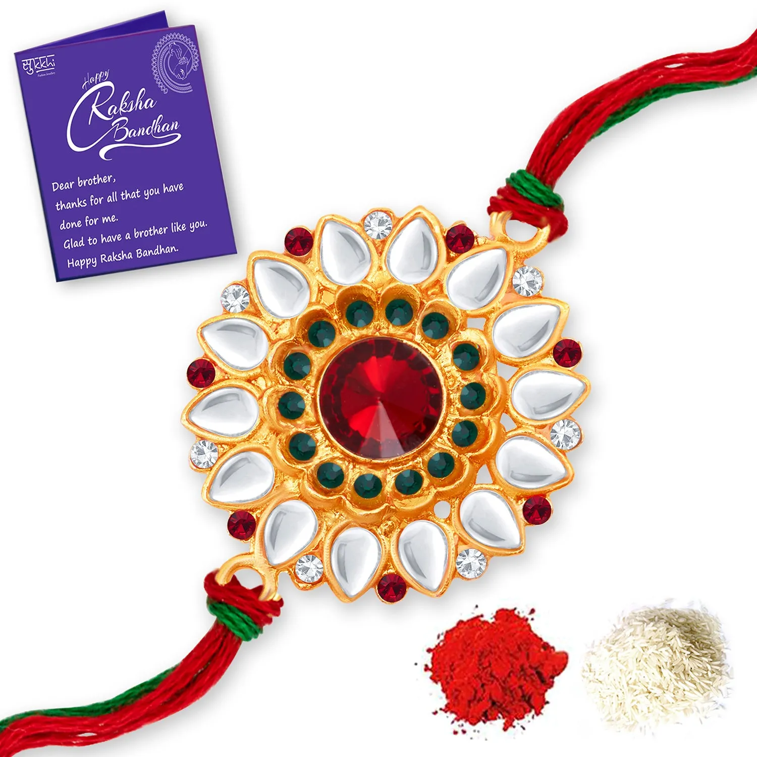 Sukkhi Attractive Gold Plated Floral Rakhi Combo (Set of 2) with Roli Chawal and Raksha Bandhan Greeting Card For Men