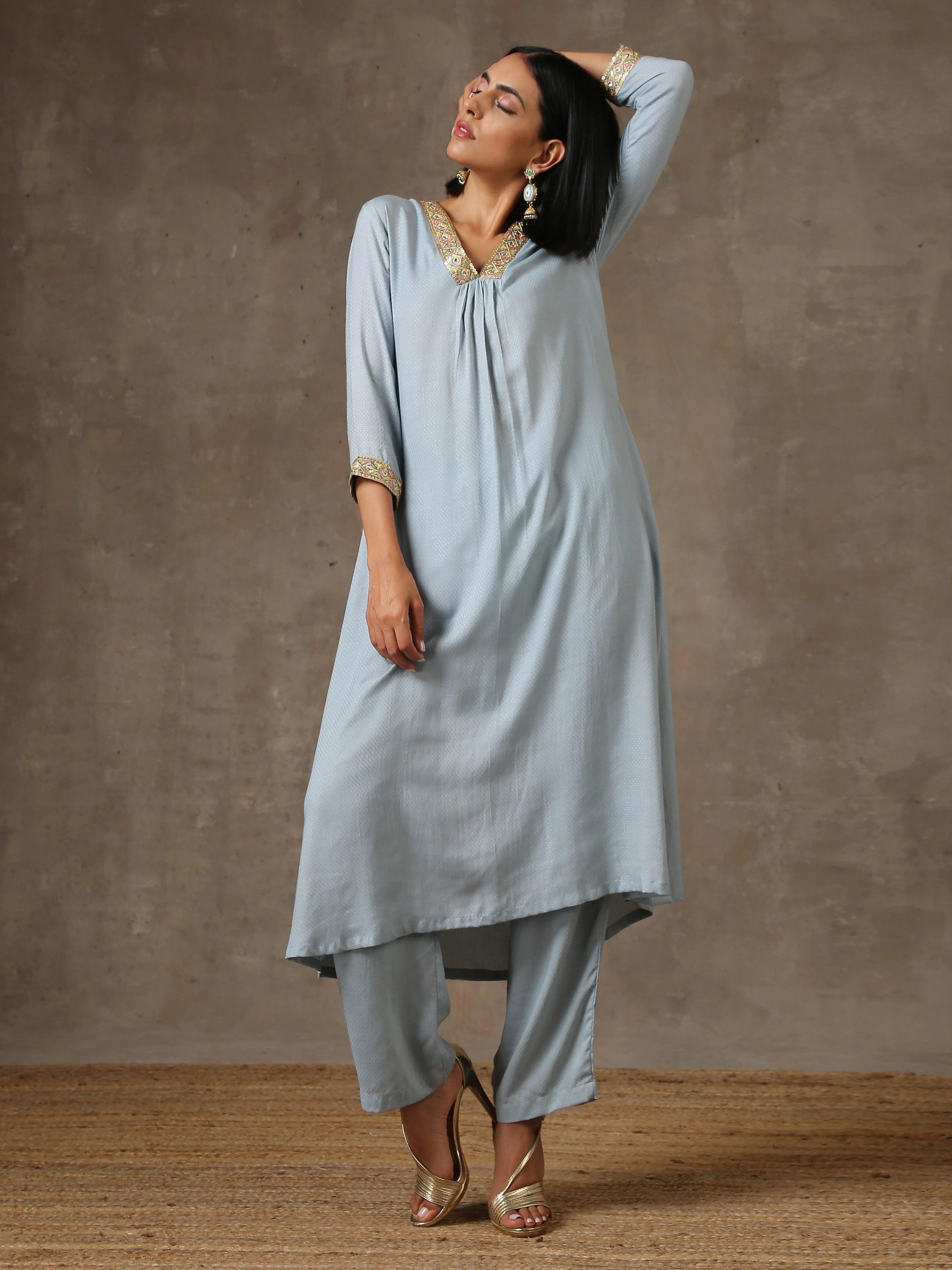 The Daphne - Light Blue Solid Textured Kurta Pant Set