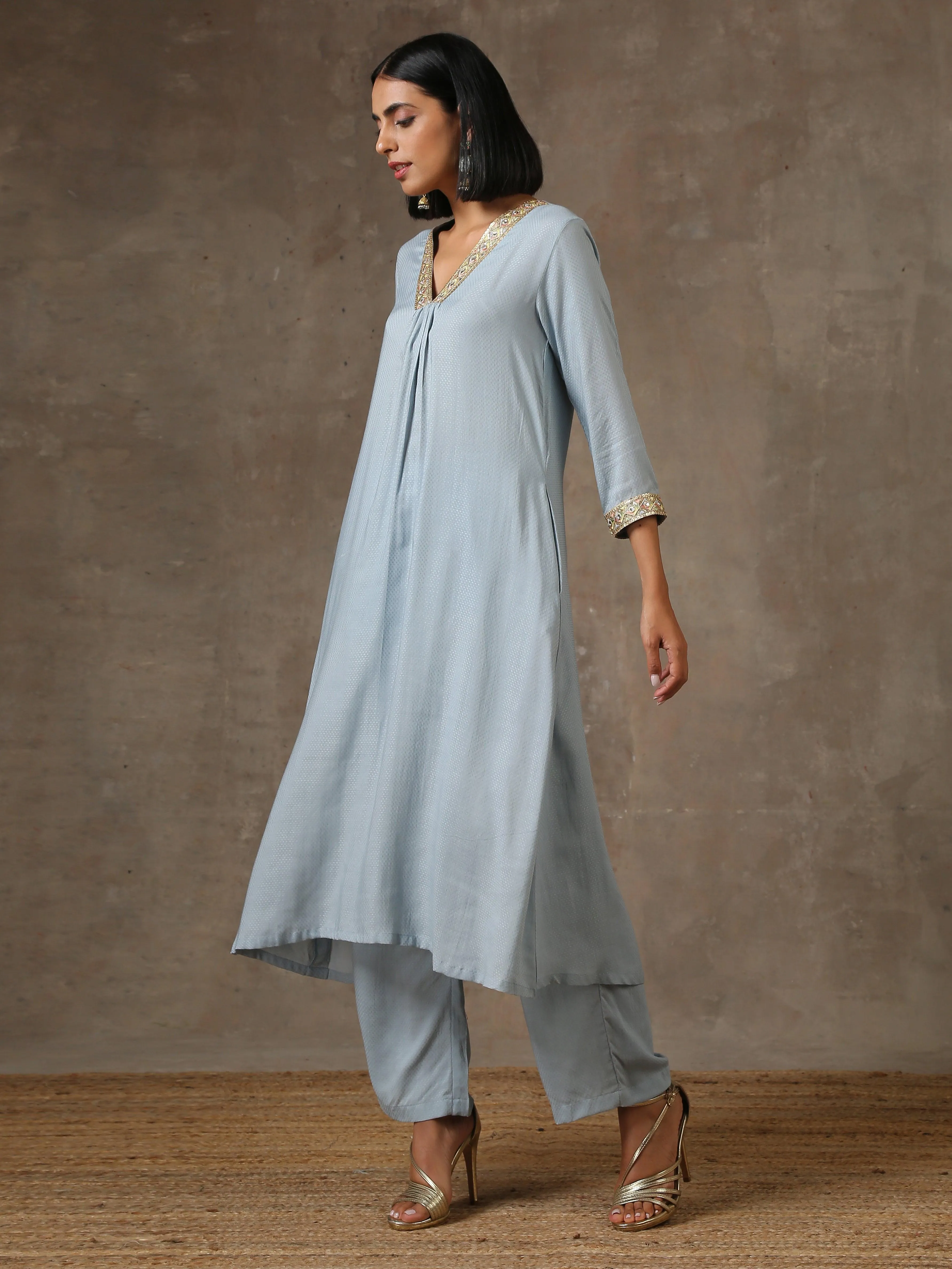 The Daphne - Light Blue Solid Textured Kurta Pant Set