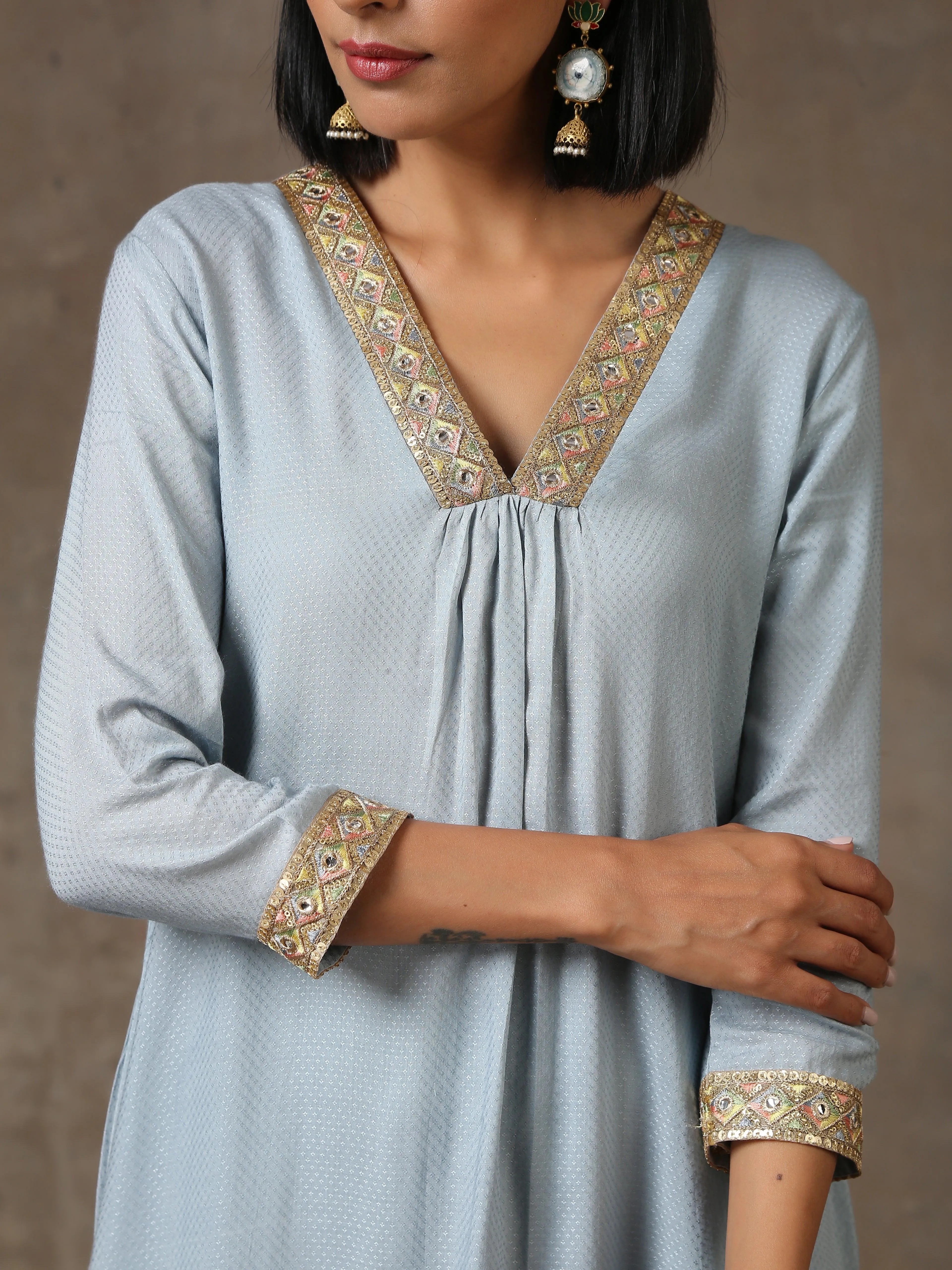 The Daphne - Light Blue Solid Textured Kurta Pant Set