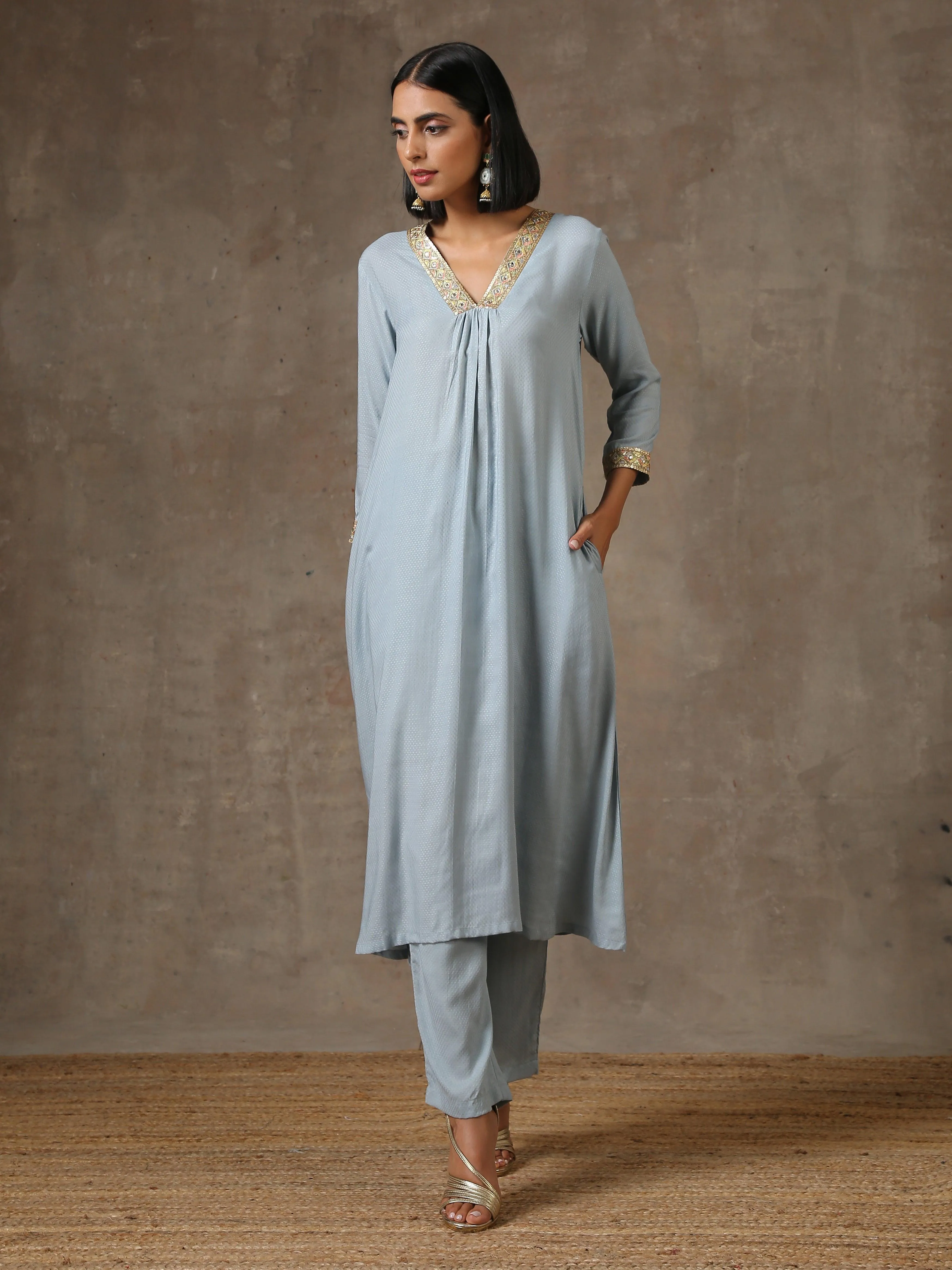 The Daphne - Light Blue Solid Textured Kurta Pant Set