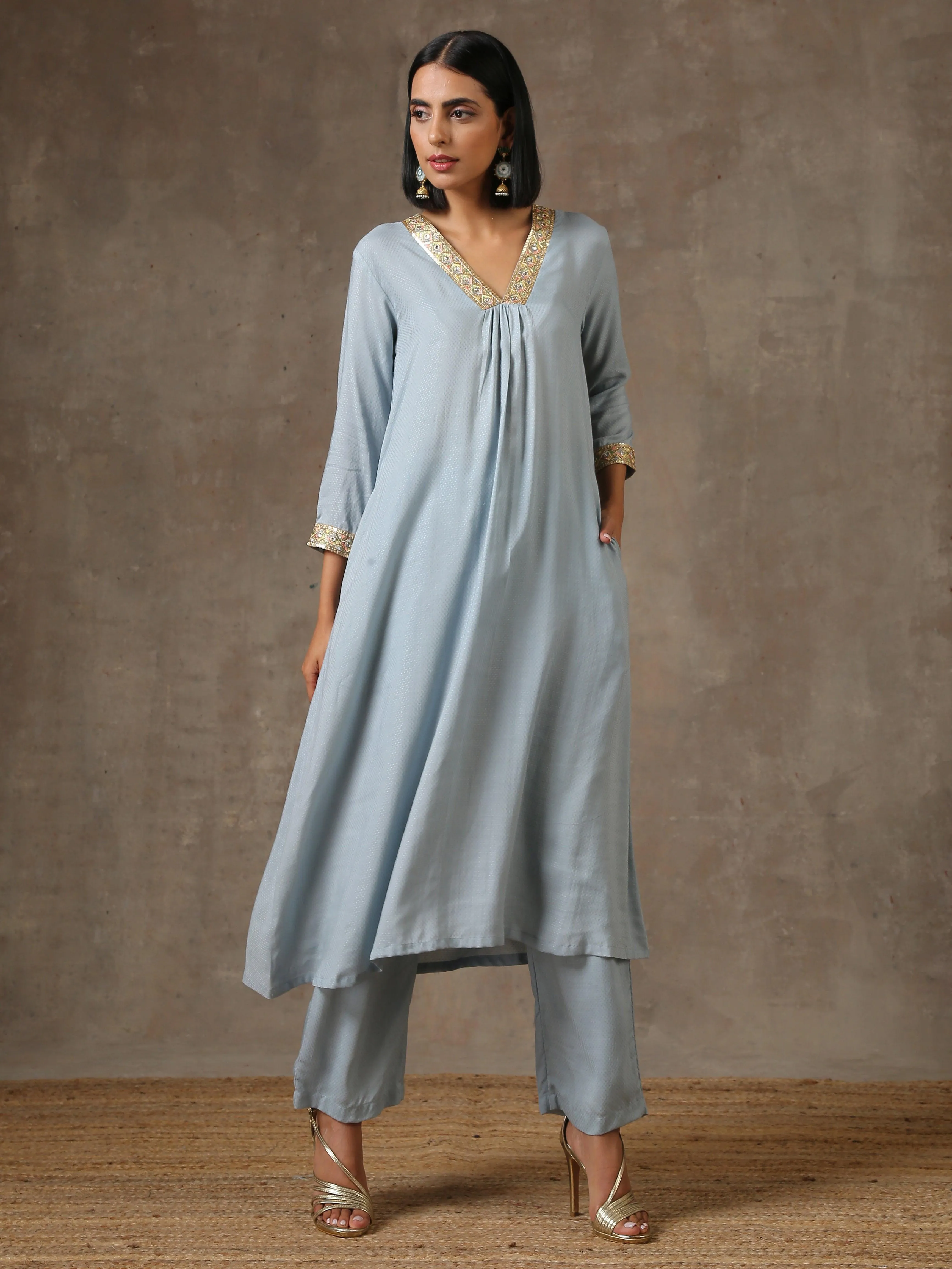 The Daphne - Light Blue Solid Textured Kurta Pant Set