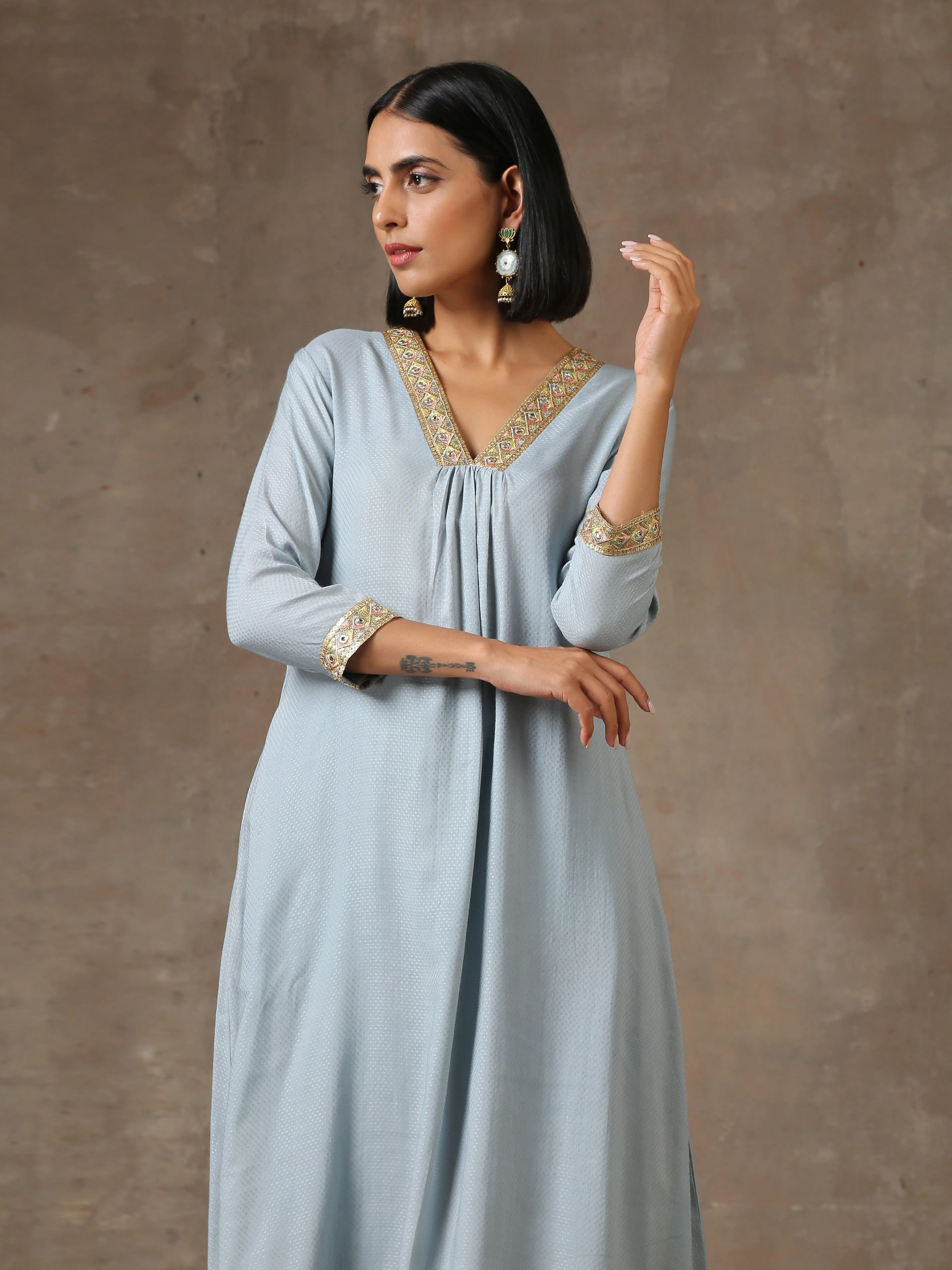 The Daphne - Light Blue Solid Textured Kurta Pant Set