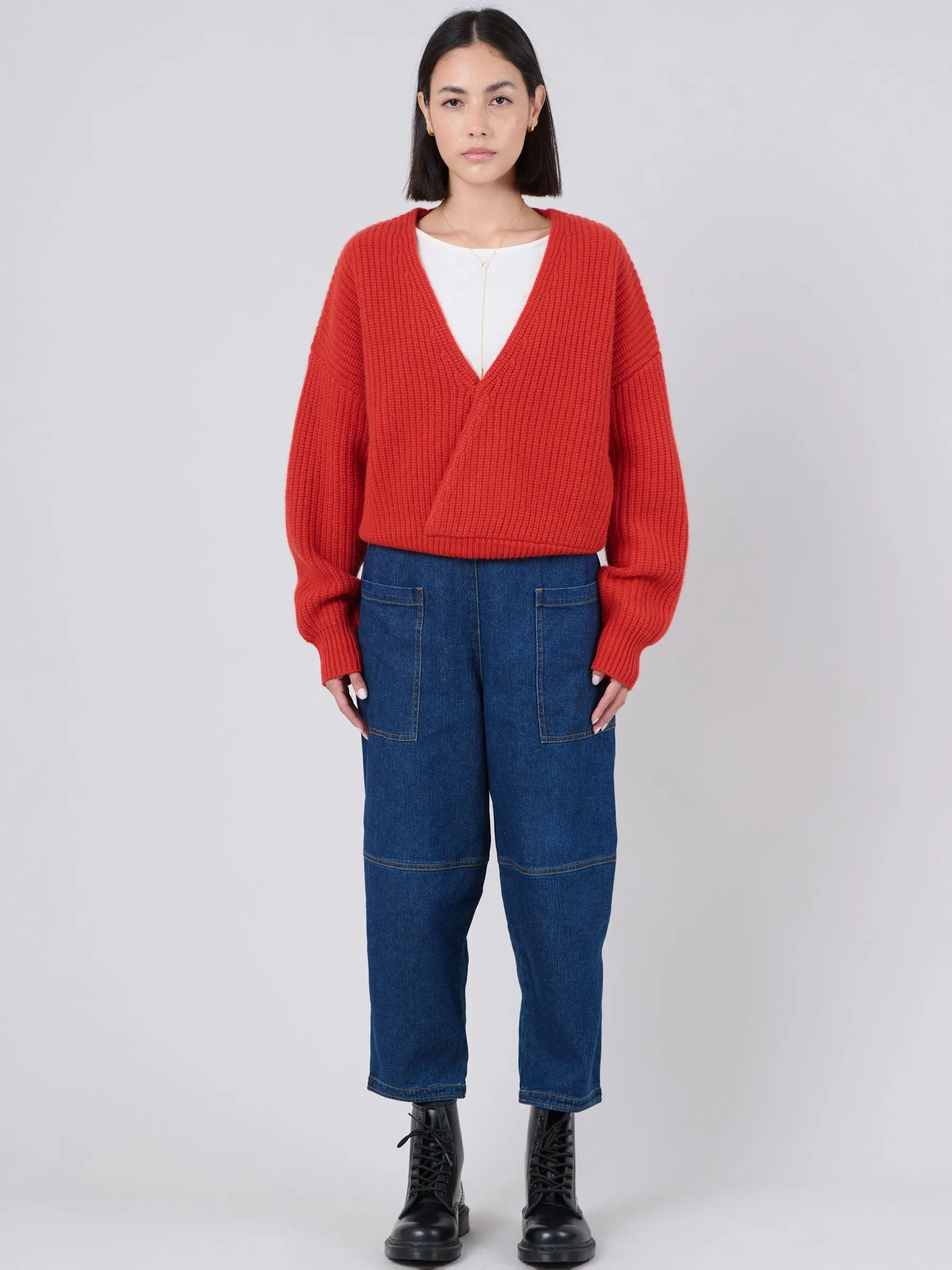 Waste Yarn Denim Cropped Barrel Leg Jeans