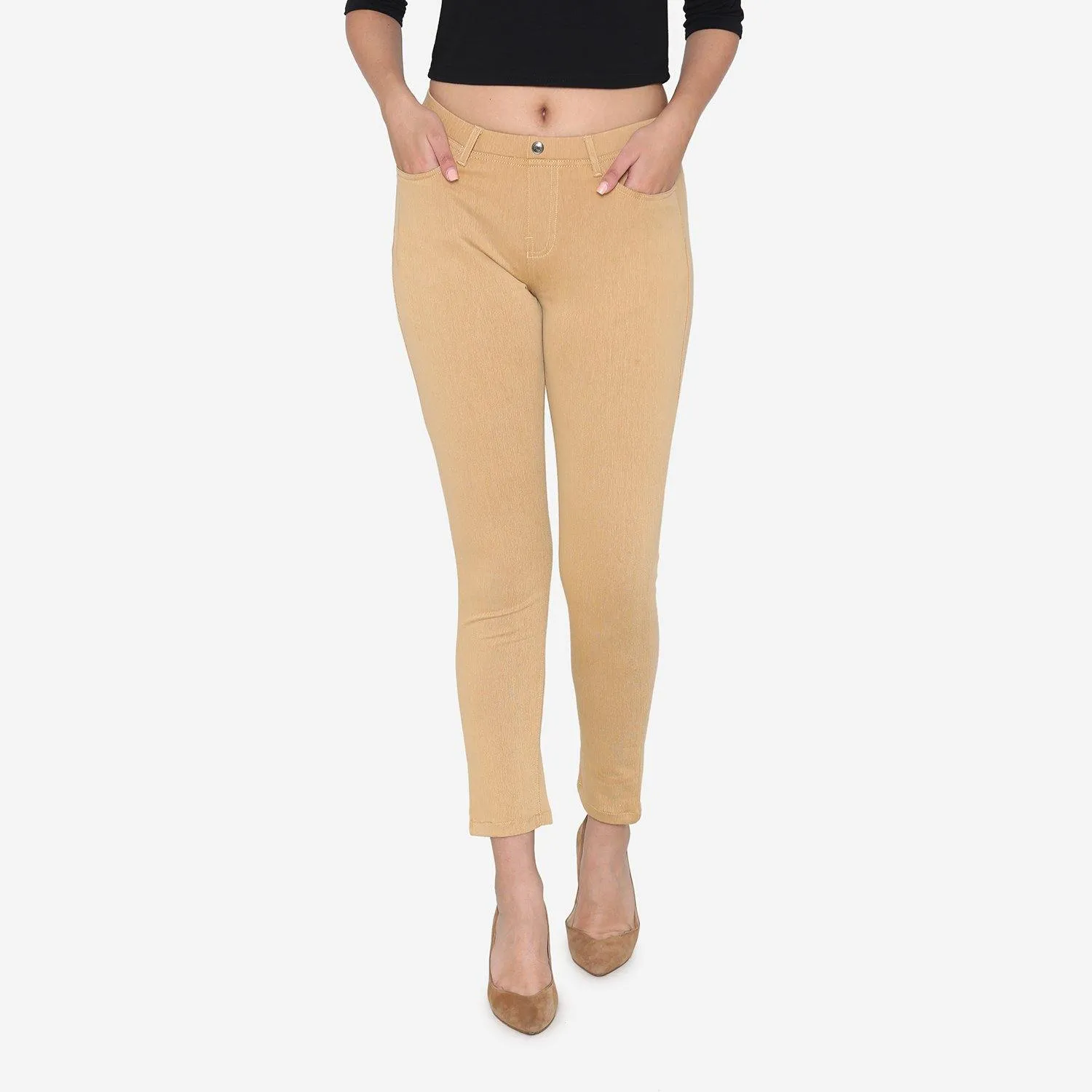 Women's Cotton Stretchable Jeggings - Beige