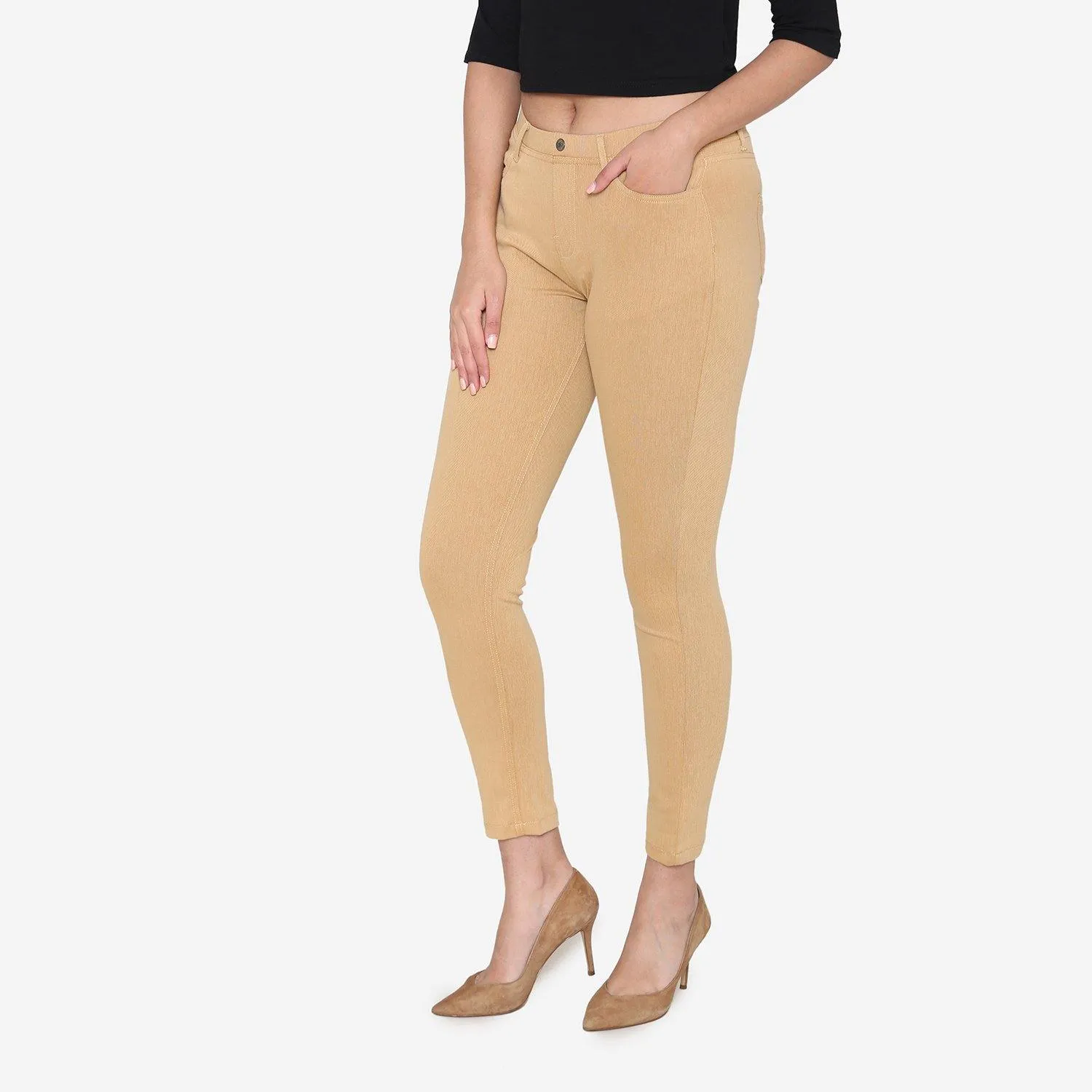 Women's Cotton Stretchable Jeggings - Beige